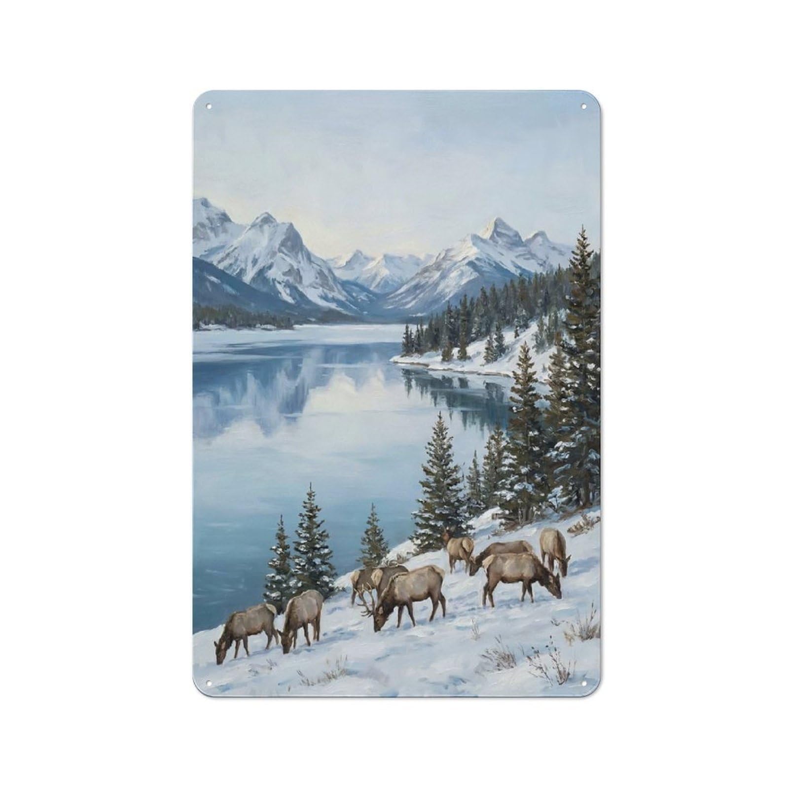Junmoney Style-10 For Home Office Or Studio, Elk In A Snowy Mountain Landscape Retro Tin Wall Plaque 30X20cm, A Housewarming Gift For Creative Workspace Decorators