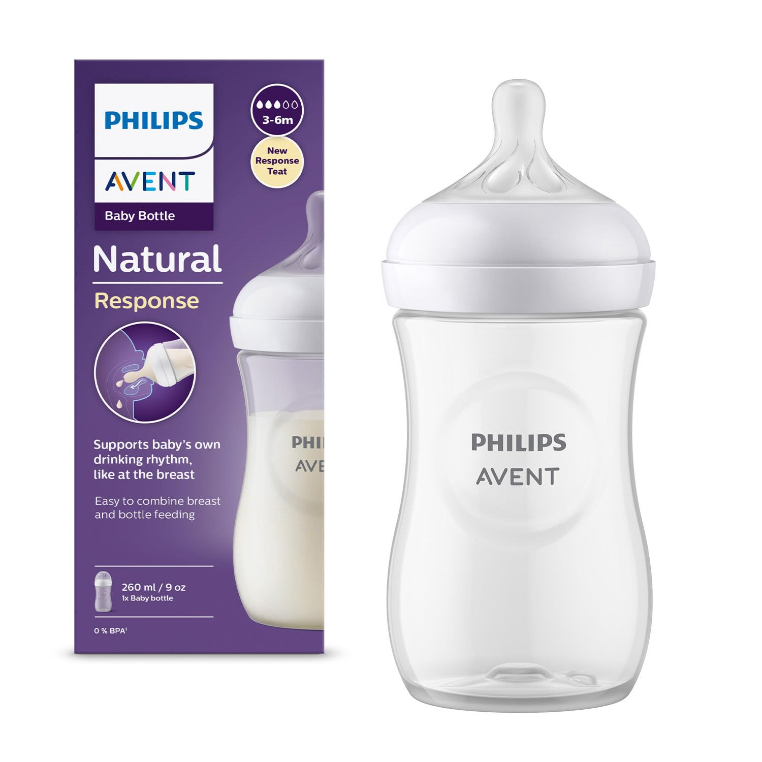 Philips Avent Natural Response Baby Bottle - 260ml Baby Milk Bottle for Newborns and Up, BPA Free, 1+ Months (Model SCY903/01)