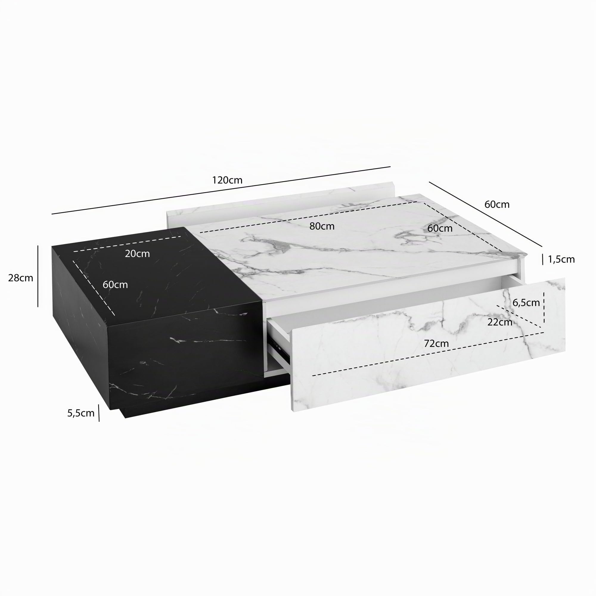 FineBuy Couchtisch 120x60x28 cm Weiß Schwarz Marmor-Optik, Schubladen