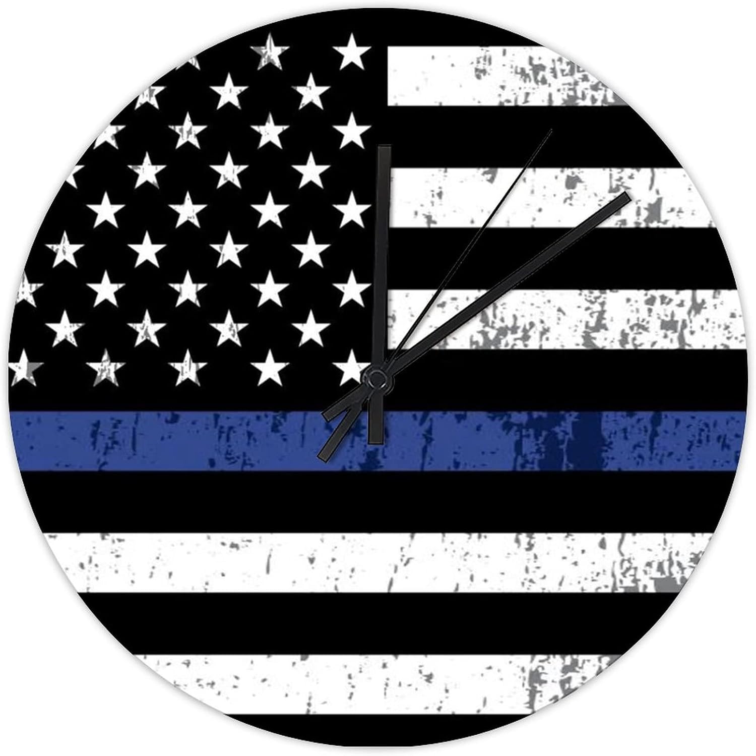 Wall Clock Retro Vintage Thin Blue Line Black American Flag Desk Clock Battery Operated Silent Patriotic 4th of July Round Clock for Farmhouse Home Decoration 15 Inch
