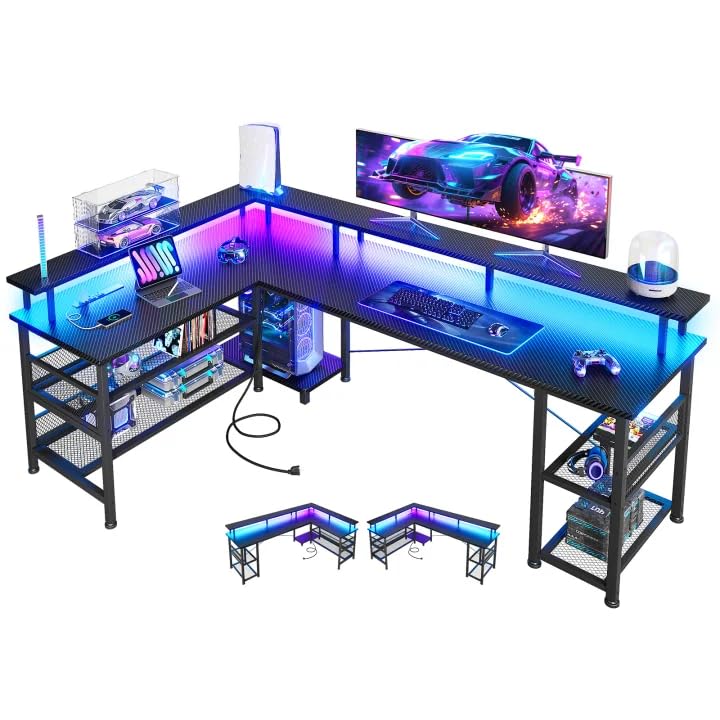ODK 66' L Shaped Gaming Desk with Power Outlet and LED...