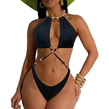 Womens CRIS-Cross Beaded Bikini Swimsuit Self Tie Halter Neck Slingshot G String Bathing Suit