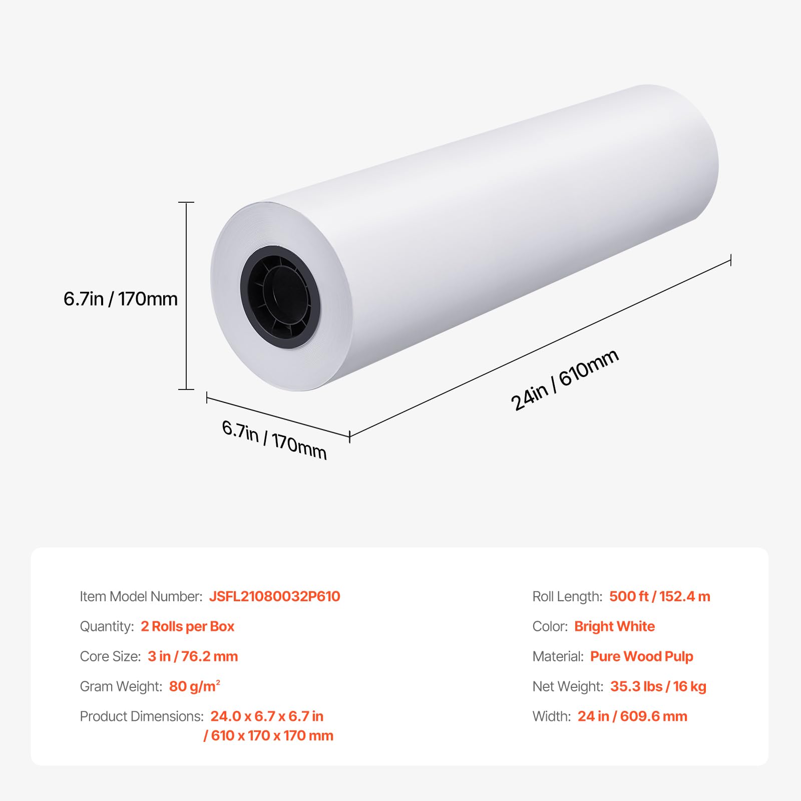 VEVOR Papel Bond CAD, 80 g/㎡, Ancho 609,6 mm, Longitud 152,4 m, 2 Rollos, Núcleo 76,2 mm, para Trazador, Dibujos CAD, Planos de Ingeniería, Blanco