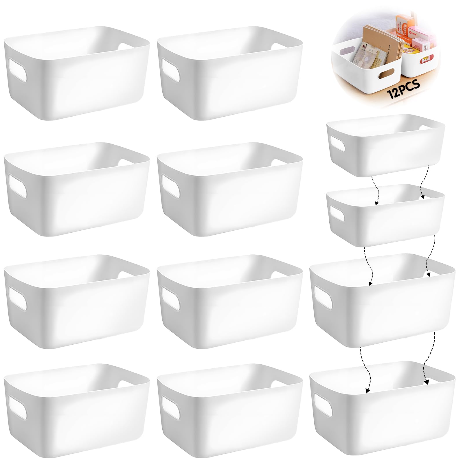 EUZLABBY 12Pcs Cestas Almacenaje Plástico,Cajas Almacenaje 2 talla(24,5x17,5x10cm)+(20x14x7cm),Cajas Organizadoras con Asas,Cajones Almacenaje para Cocina,Escritorio,Oficina,Cosmético,Baño,Juguetes.