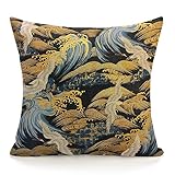 Ensound Kona Bay Grullas olas pájaros dibujos asiáticos japoneses, tatuajes japoneses, fundas de almohada para sofá, decoración del hogar, lino suave teñido sólido 45 x 45 cm