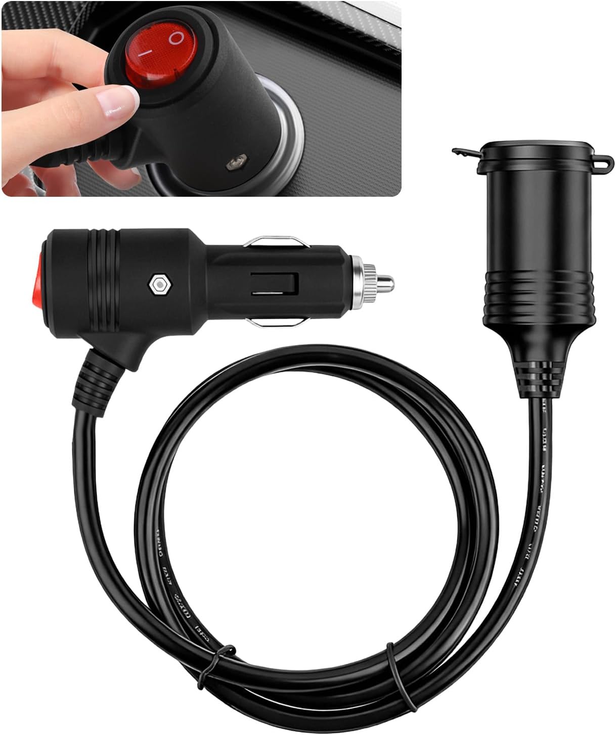 3Ft Car Cigarette Lighter Extension Cord,16 AWG 12V Extension Cord with LED Indicator & 15A Built-in Fuse,Universal Cigarette Lighter Extender for Car Refrigerator,Phone