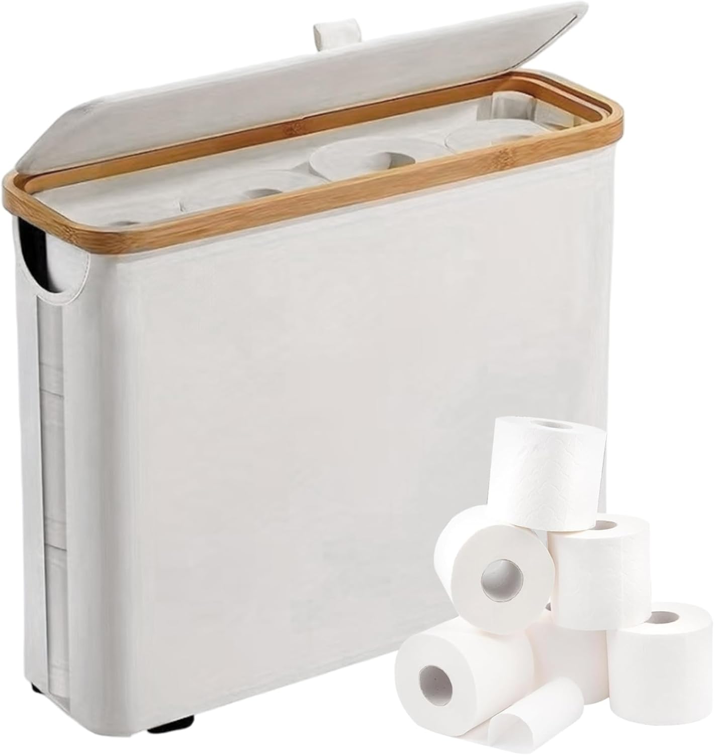 Toilet Paper Storage, Stackable 12-Roll Bathroom Tissue Basket with Bamboo Lid, Space-Saving White Paper Storage for Organized Home