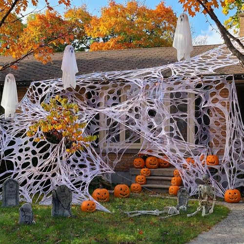 450 Sqft After Streched with HolesUncut DIY Giant Spider Web Halloween Decorations Outdoor with 10 Ground Nails Stretchy Beef Cloth Netting Roll Cut-Your-Own Flexible Elastic for Yard Party Decor