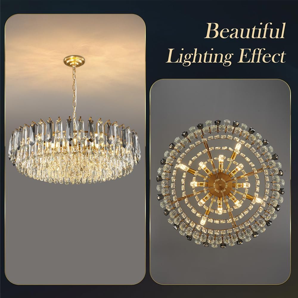 31.5" Modern Crystal Chandelier Gold 3-Tier Luxury Pendant Light Gold Plated Ceiling Pendant Lighting for Dinning Room Living Room Foyer