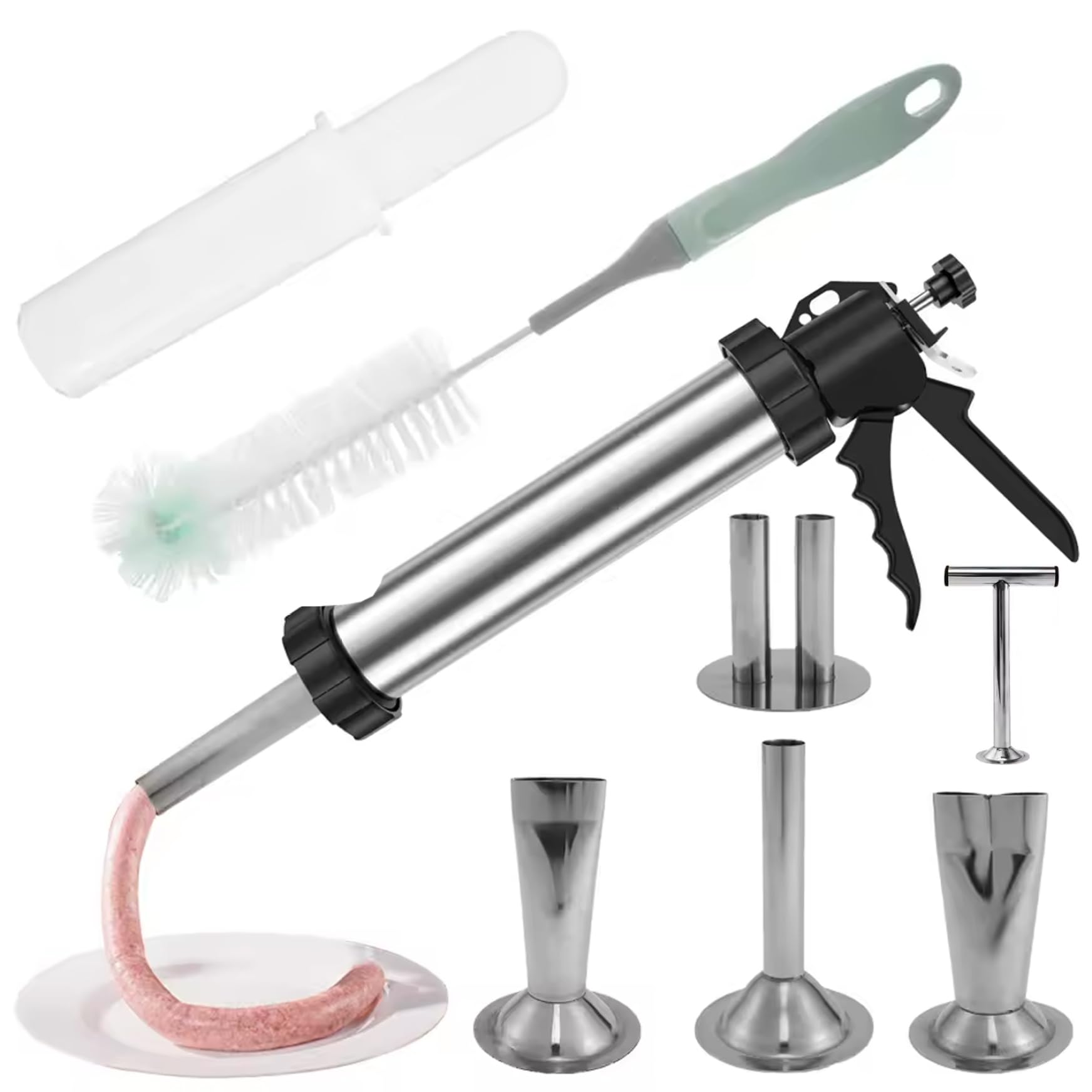 Jerky Gun für Hackfleisch, Edelstahl-Wurstfüller-Jerky Gun-Set mit Düsen und Reinigungsbürsten für DIY-Kochen, Mahlzeitenzubereitung, Rindfleisch für Hackfleisch-Set