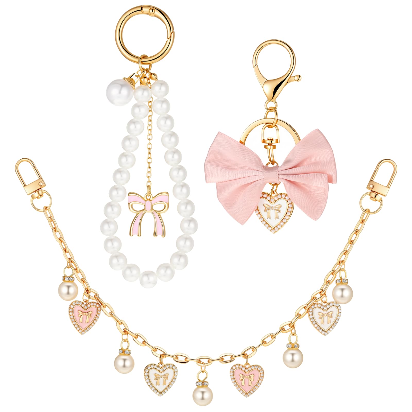 3 PCS Heart Pearl Purse Chain, Pink Bow Pearl Keychain, Metal Purse Bag Extender Chain, Cute Pearl Bag Charm Accessories for Women Crossbody Handbags Purses Making Accessories