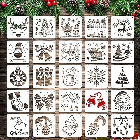 25 pcs Christmas Stencils Reusable, 6x6 Christmas Stencils for Painting on Wood, Plastic Drawing Painting Spraying Template for Greeting Cards, Xmas Crafts Ornaments Wall Window Door DIY Decoration Cover