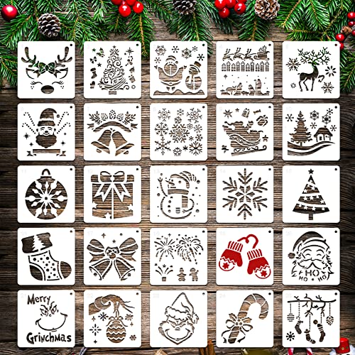 25 Pcs Christmas Stencils Reusable, 6x6 inch Christmas Stencils for