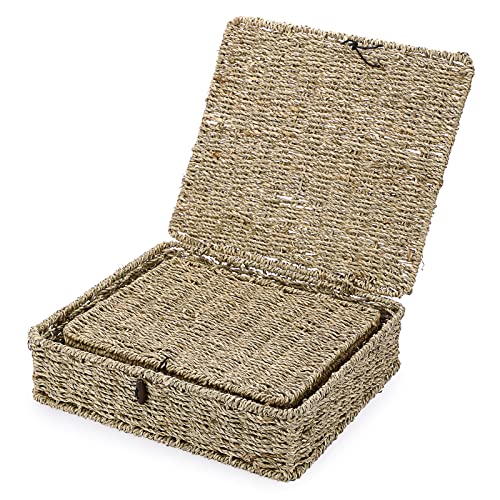 Hipiwe Set Of 2 Flat Wicker Baskets Bins With Lid Handwoven Seagrass Storage Baskets Box Multipurpose Shelf Basket Bin Home Organizer Basket For Shelf Closet #TOP6