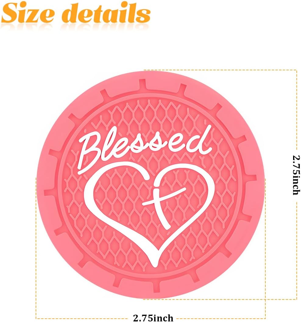 2PCS Car Cup Holder Coaster, Blessed Cross Heart Vehicle Insert Drink Mat, Anti Slip Shockproof Christian Automotive Interior Embedded Cup Coaster Accessories, Universal Fit (Pink) image 2