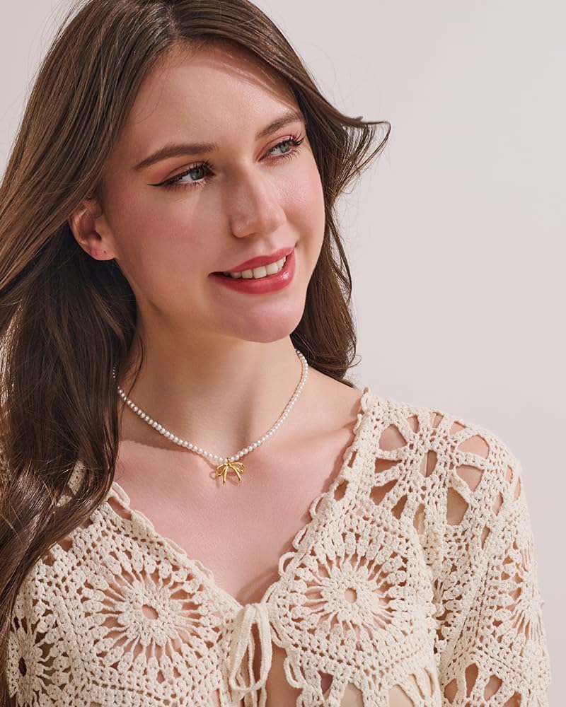Gold Bow Necklace For Women Cute Puffy Bowknot Pendants With Snake/Pearl Chain Dainty Gold Statement Necklace Elegant Bow Jewelry Gift - Image 4
