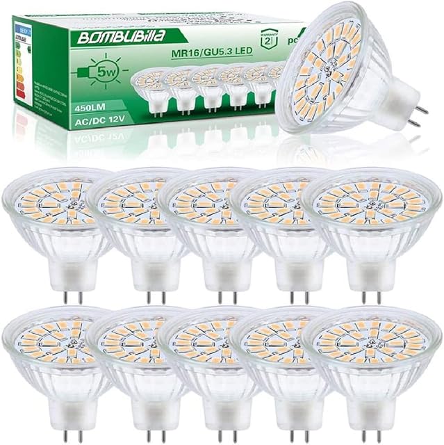 Bombubilla MR16 LED Bulbs, 12V GU5.3 LED Light Bulbs Spotlight 5W, 50W Halogen Equivalent, 3000K Warm White 120° Beam Angle with Long Lifetime, 10 Pack