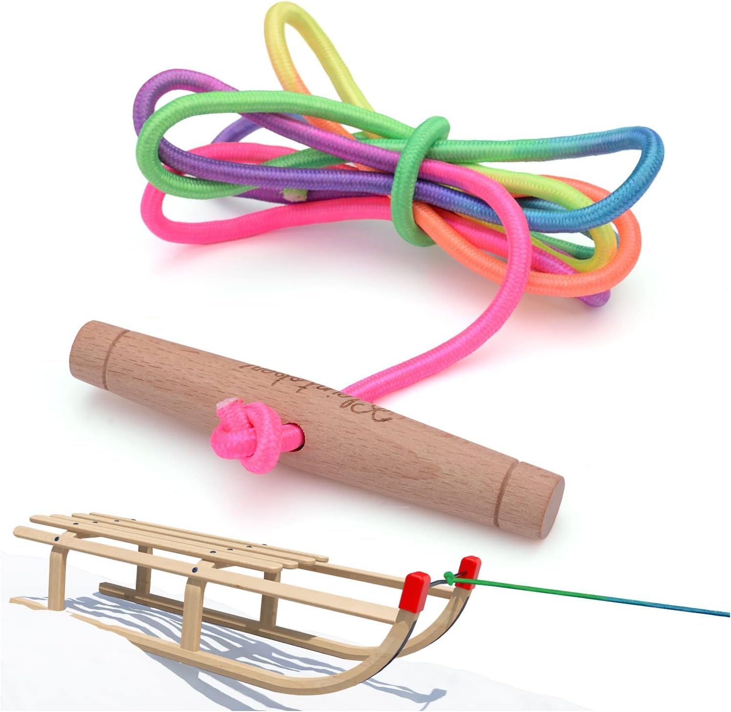 KLEINTOBER Premium Sledge Lead I Sledge Rope with Handle I Extra Long 180 cm I Rainbow Colour I for Sledge, Bob, Porutscher I Birch Handle Extra Wide I Pull Cord Sledge I Cord 5 mm Diameter