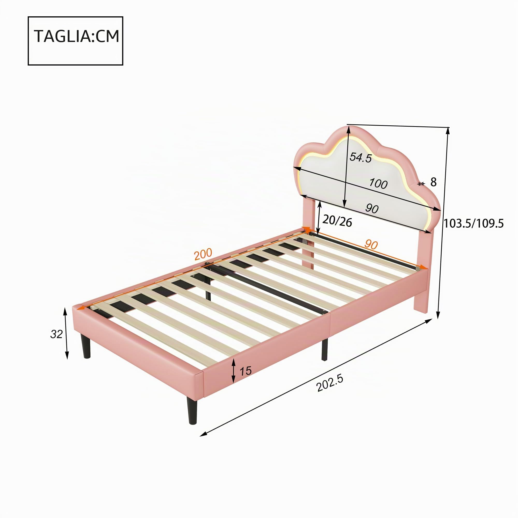 Letto bambini 90 x 200 cm, letto bambina con design a nuvole, illuminazione a LED e testiera regolabile, letto per bambini per cameretta dei bambini, senza materasso (rosa+PU(2), 90 x 200)