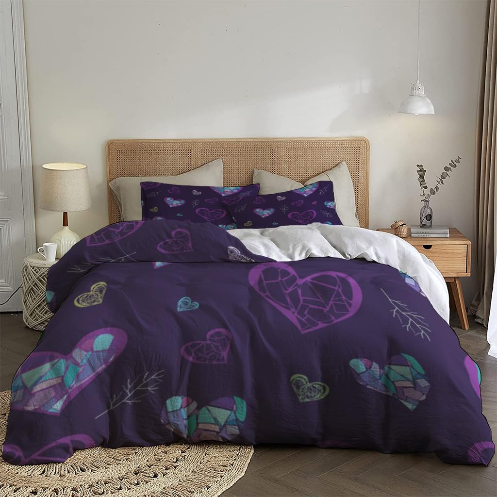 NIBAINLO 布団カバー紫の背景にカラフルなモザイクハート 肌に優しい ピーチスキン加工 掛け布団カバー 和式 洋式 あったか 布団カバーセット リバーシブル ホームステイ ホテル 家庭兼用