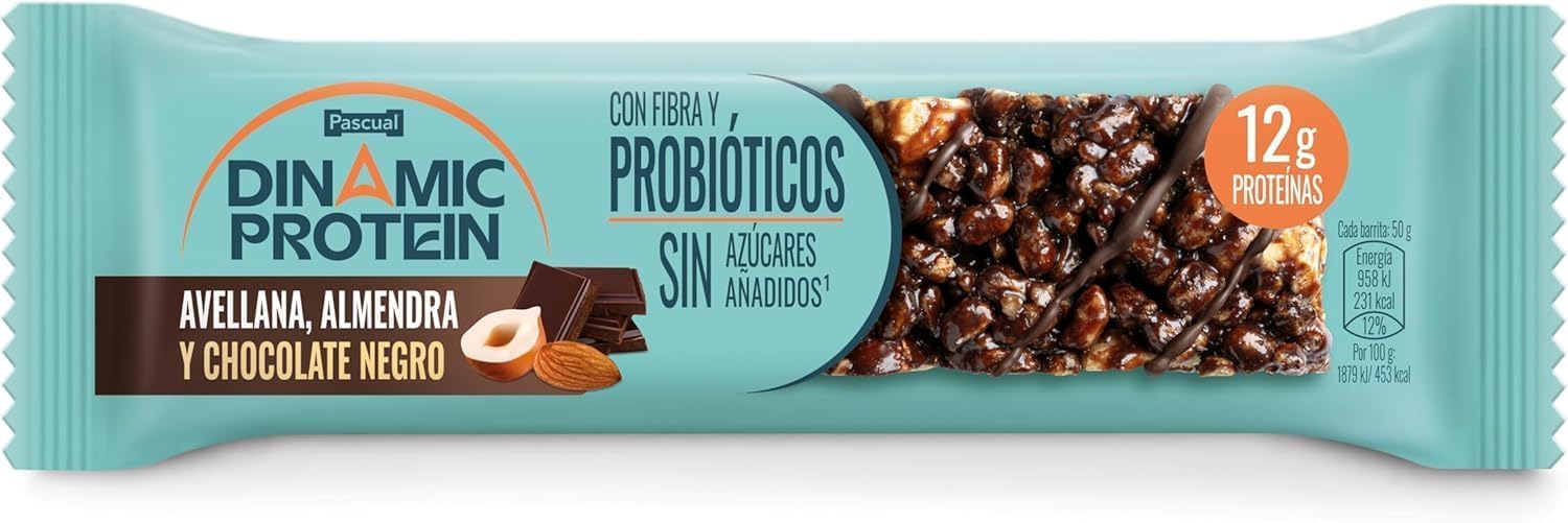 Dinamic Protein- Barritas de Proteína- Chocolate Negro y Frutos Secos- 12g de Proteína por Barrita- Con Probióticos y Fibra- Caja de 12 Unidades- Sin Gluten
