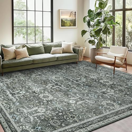 IMIYOKU Washable Rugs Living Room Large 160x230cm, Boho Vintage Living Room Rug Carpet with Non-Slip Backing, Soft Low Pile Green Area Rugs for Bedroom Dining Room Kitchen Office