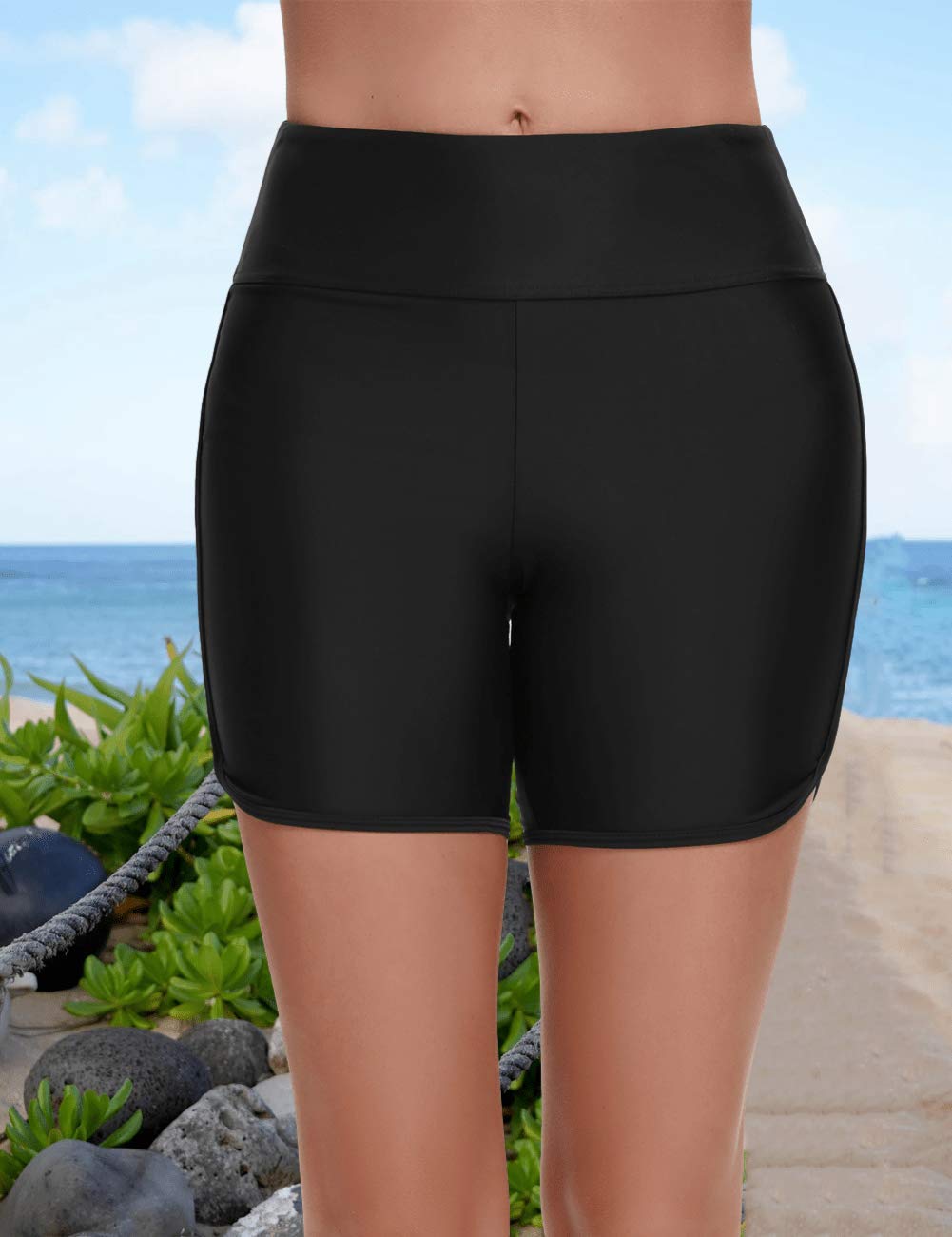 Yilisha Womens Tummy Control Swim Shorts Black Plus Size High Waisted Bikini Bottoms Swimsuit Shorts Swim Bottoms Swimwear