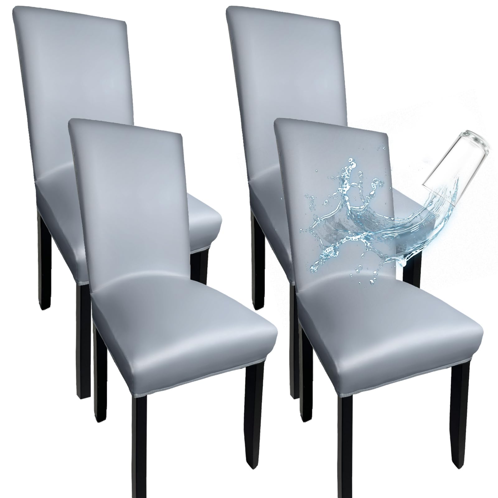 WUSOUPU Gray Leather Chair Covers for Dining Chairs Set of 4, Faux Leather Dining Chair Covers Removable Wipeable Parson Chair Covers Leather, Stretch Waterproof Chair Seat Covers for Dining Chairs