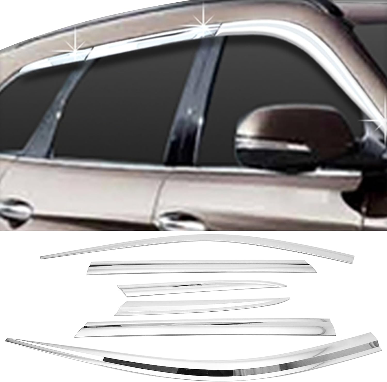 IKON MOTORSPORTS Tape On Window Visors Compatible with 2017-2018 Hyundai Santa Fe, ABS Plastic Chrome Rain Guards, Side Window Wind Deflectors 6PCS