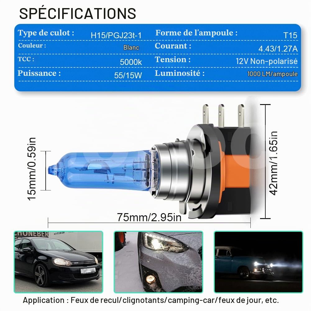 SOFOC H15 Ampoule 12V 715 Phare Feu de Jour 55W/15W 64176 PGJ23t-1 Blanc DRL Rapprochée/Route 3 Broches Plug & Play 2pcs