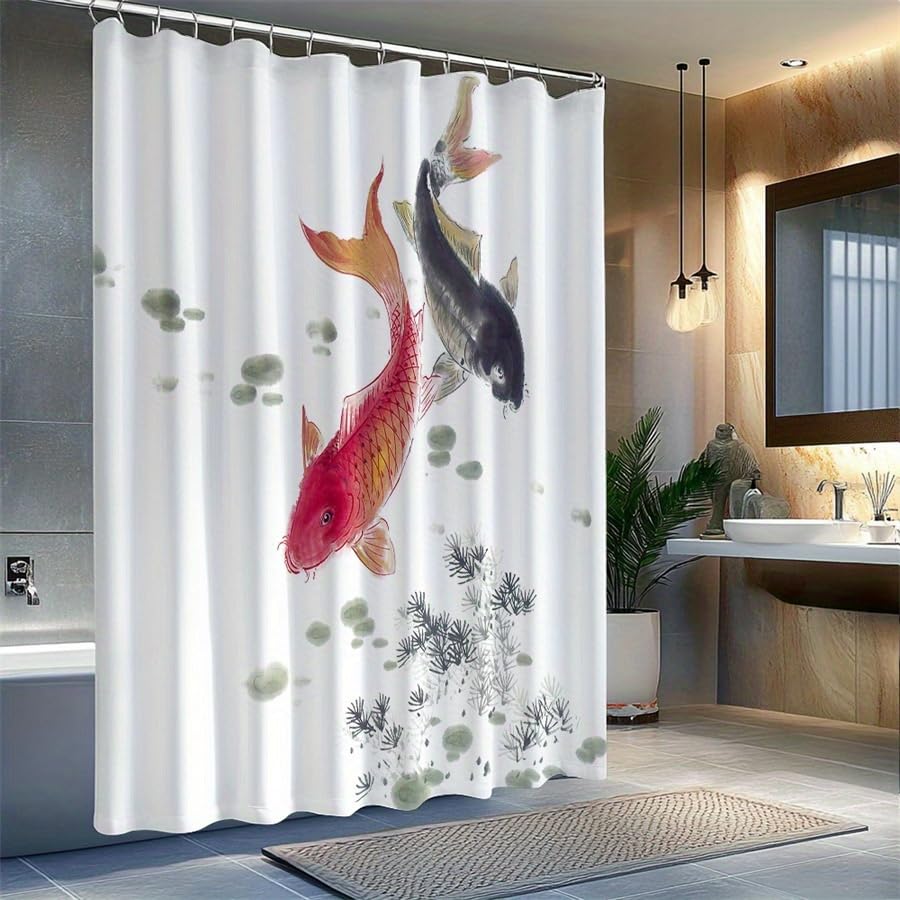 Traditioneller japanischer Duschvorhang mit Koi-Karpfen und Seerosen, wasserdichter Stoff-Badezimmervorhang, Badewannenabtrennung, Badewannendekoration (250 x 220 cm/B x H)
