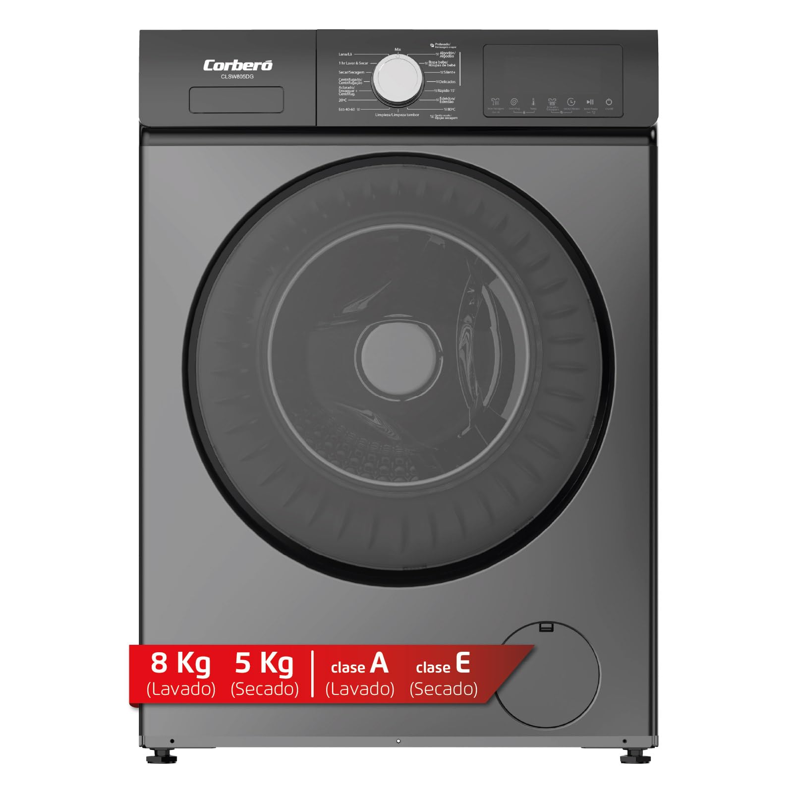 Corberó – Washing Machine Dryer Front Load | CLSW805DG | 8 kg / 11 lbs | 1200 rpm | Inverter Motor | 16 Programs | Anti-Allergic Program and Steam Option | Nvel Extra Drying and Rinsing | Class A-20%|