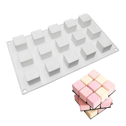 AFINSEA 3D Square Shape Silicone Baking Mold for Mousse Cake, Silicone Molds for Chocolate, French Dessert Mold for Pastry Chocolate, Reusable Non-Stick Easy Release Baking Molds (15-Cavity)