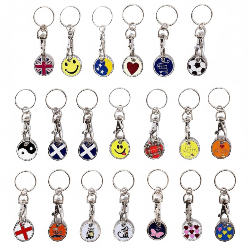 25 Pack Shopping Trolley Token Keyrings – £1 Coin Replacement for UK Supermarket Trolleys & Gym Lockers – Metal Cart Release Keys Bulk Set