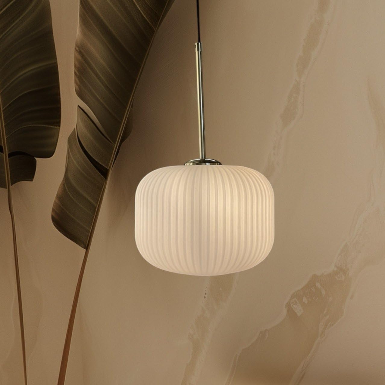 Fluted Milky Glass Hanging Pendant Light, 25cm
