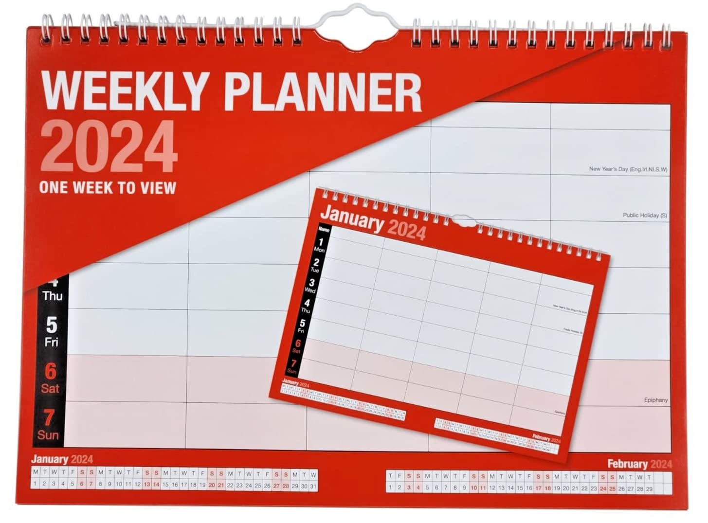2024 Calendar A4 Week to View Extra Wide Weekly Spiral Bound Wall Planner for Home Office School Family Organiser with UK Holidays W2W