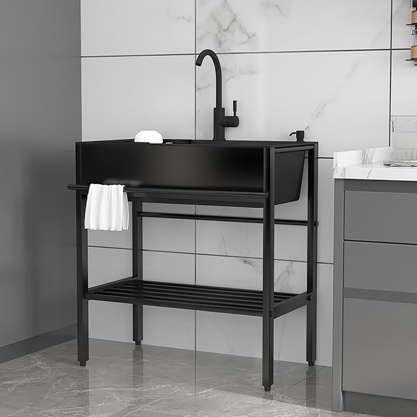 Schwarz Freistehende Edelstahl Spültisch 2 Becken,Outdoor Spüle Mit Unterschrank,Gewerbliche Spülbecken Mit Wasserhahn,Waschbecken Küche,Spülenschrank Mit Spüle Und Armatur,Für Außen,Innen,Restaurant