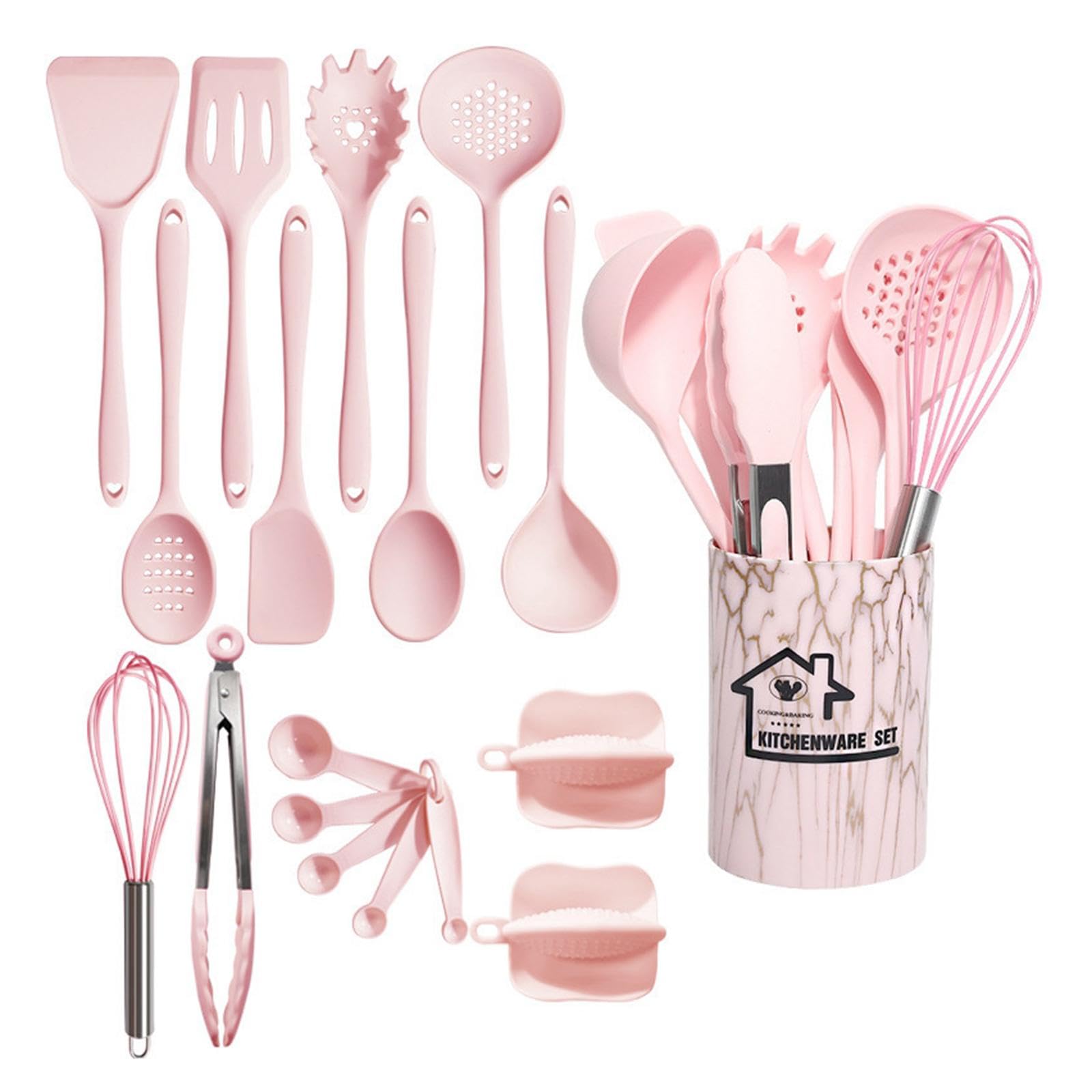 Juego de 2 utensilios de cocina de silicona antiadherentes para profesionales, principiantes, color rosa