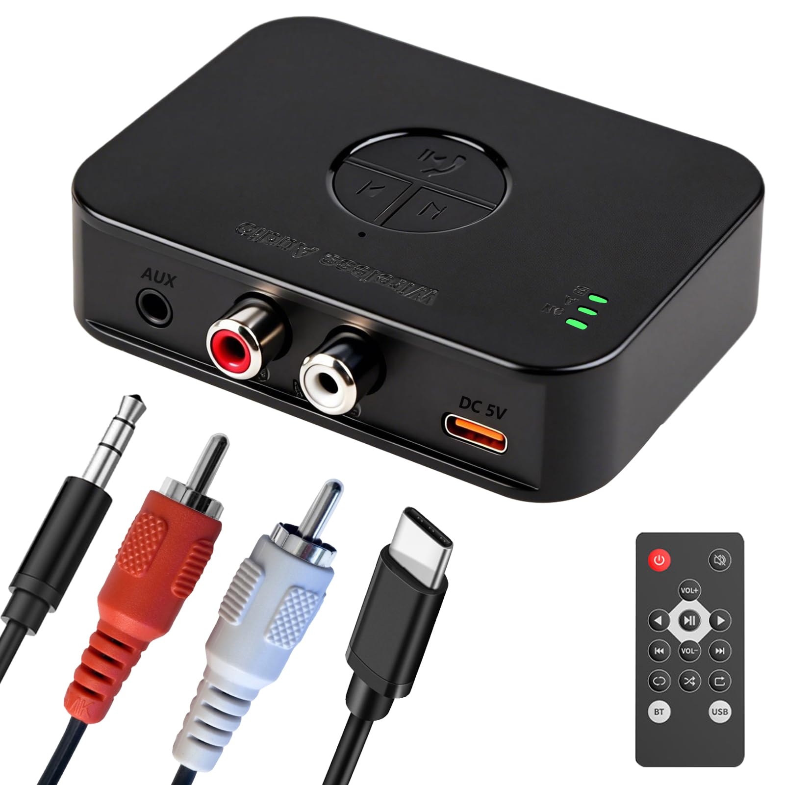 Adattatore Bluetooth 6.0 stereo, doppia connessione 3,5 mm AUX & RCA output, ricevitore Bluetooth per altoparlanti, amplificatore e autoradio, ricevitore audio HiFi Bluetooth con telecomando e 3D
