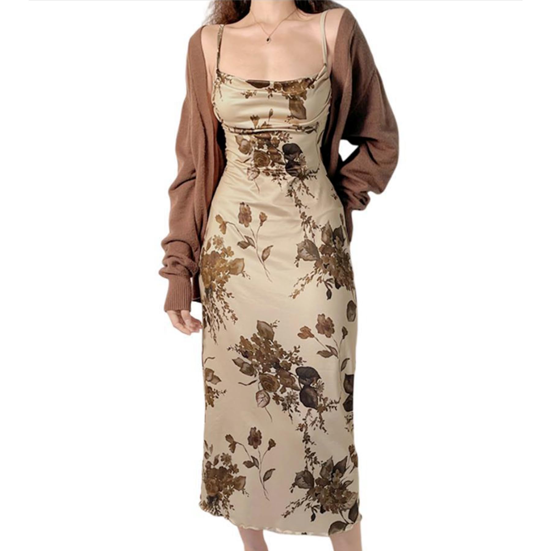 Women Vintage Floral Print Spaghetti Strap Maxi Dress Dark Gothic Sheer Mesh Sleeveless Bodycon Dresses for Party Club