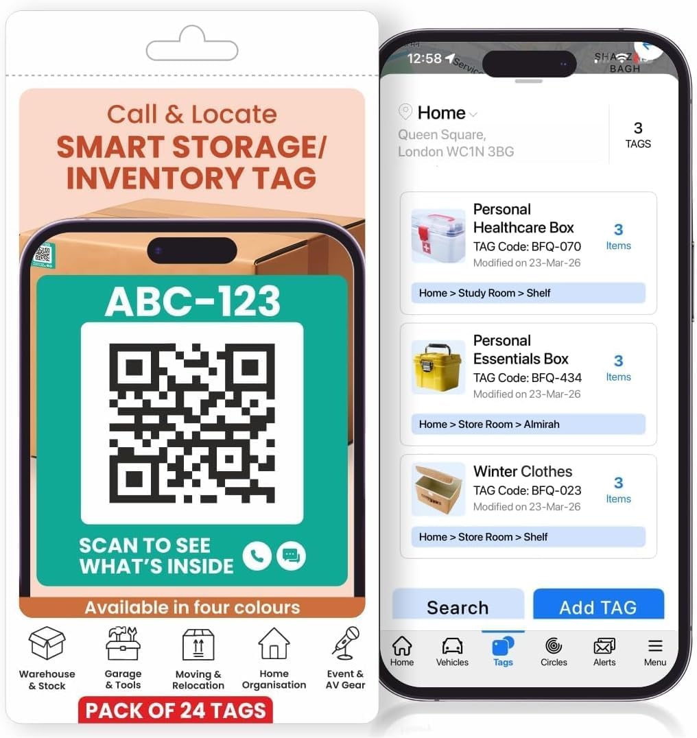 24Pcs in 4 Colours QR Smart Inventory Tags | Alexa Voice Search Scan Storage Stickers, Durable Color QR Coded Labels for Moving Parcel Boxes, Self Storage Bins, Home Office Garage Loft Use