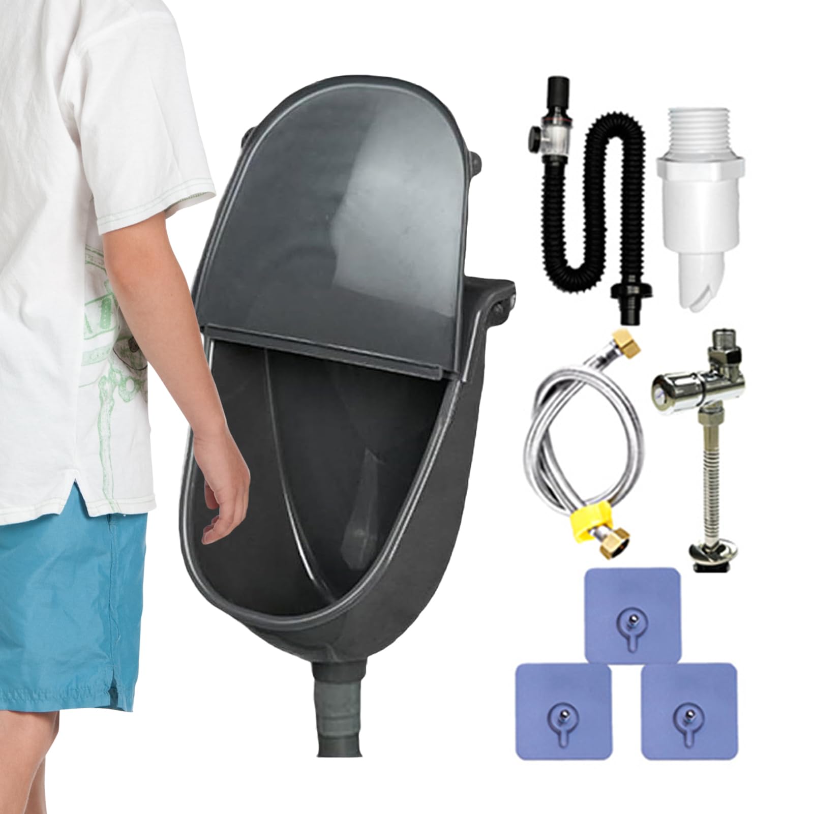 Orinal de baño para hombre, inodoro montado en la pared con tapa, manguera ajustable a prueba de derrames, lavado portátil para, camping, dormitorio, vehículo, patio, garaje, viajes al aire