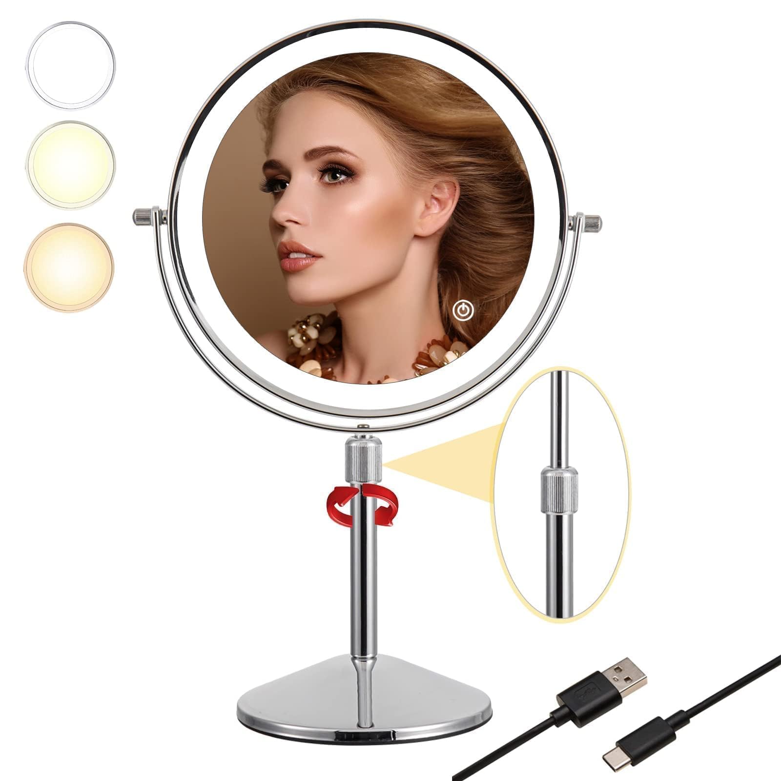 Espejo de tocador de maquillaje de 8 pulgadas con luces, aumento 10x/1X con luces LED recargable, espejo de maquillaje iluminado con aumento, espejo de maquillaje giratorio de 360° de altura