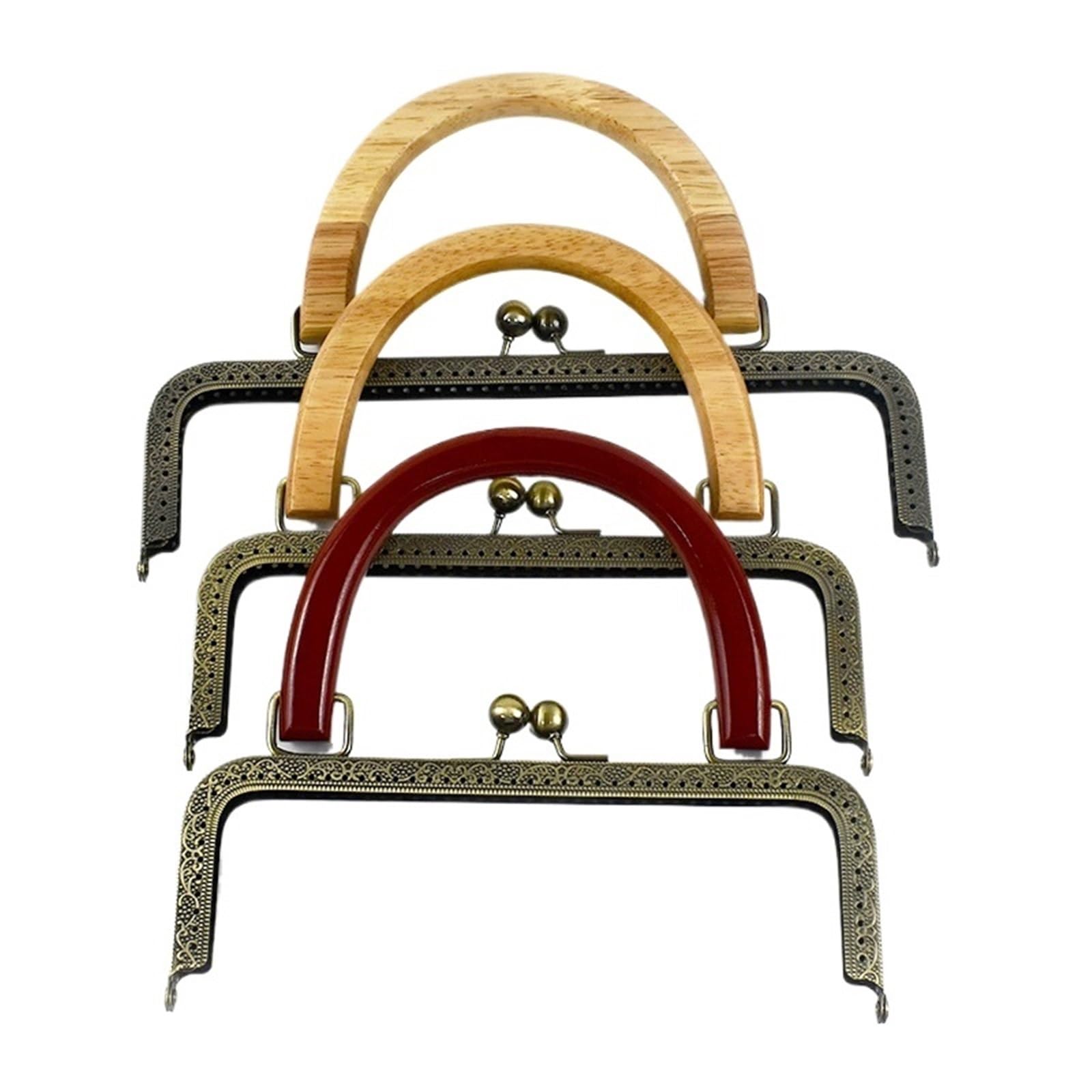 Cadre de sac à main en métal, 20/25cm Metalowe kwadratowe tłoczone/gładkie ramy do torebek Zapięcie typu Kiss Drewniany uchwyt Torby DIY Uchwyty do szycia Śruba do portfela(Natural Emboss 25cm,2Pcs)