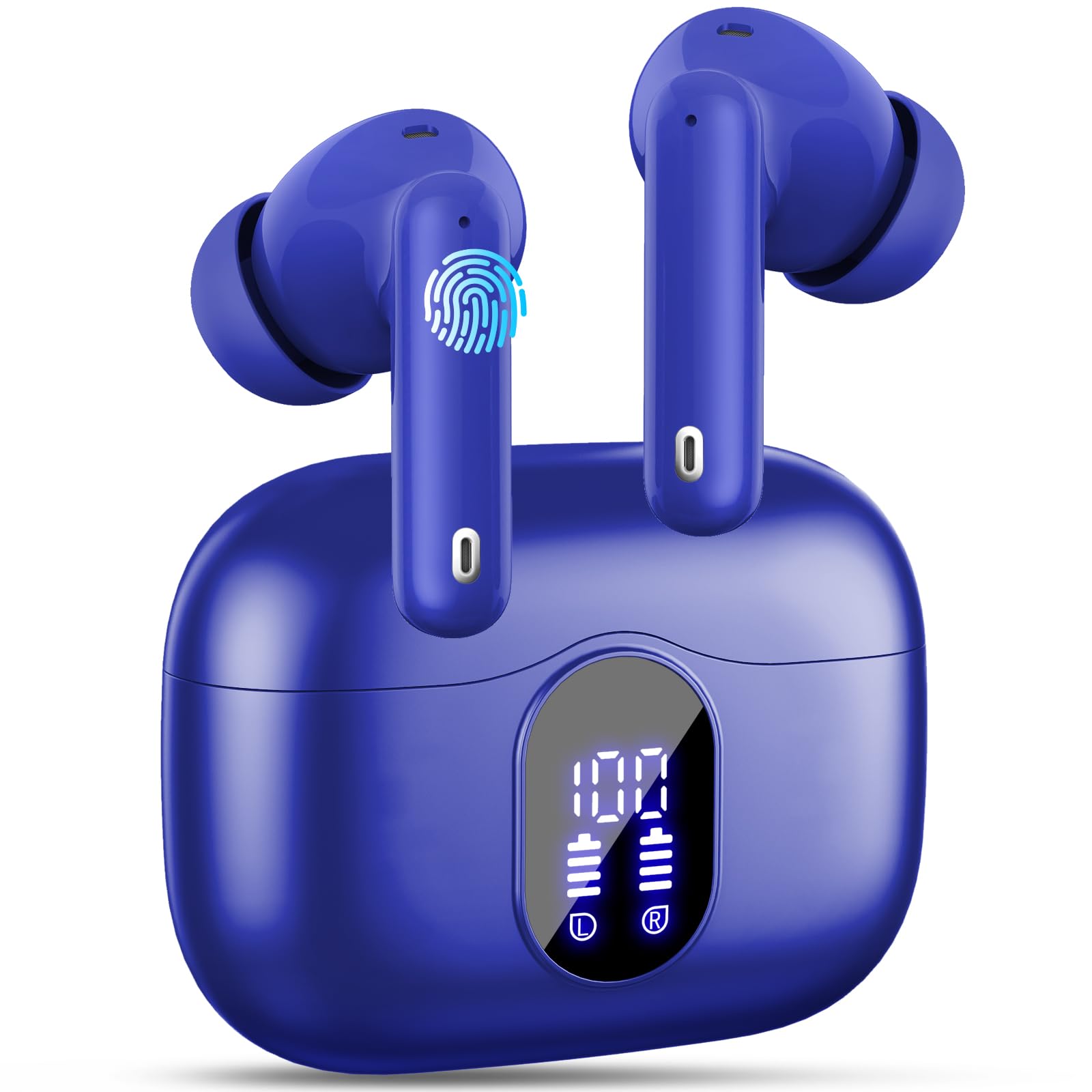 Wireless Earbuds, Bluetooth 5.3 Headphones In Ear with 4 ENC Noise Cancelling Mic, 2025 Bluetooth Earphones Mini HI-FI Stereo Sound, LED Display Wireless Headphones 36H Playtime IP7 Waterproof, Blue