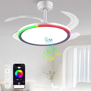 BAYSQUIRREL Slim RGB Retractable Ceiling Fan with Light and APP Remote Control 42inch Modern Smart Ceiling Fan with