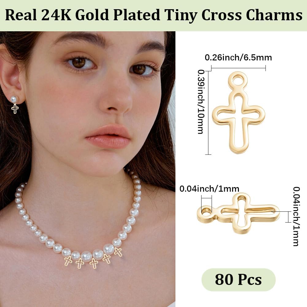 Beebeecraft 80Pcs Hollow Cross Charms, 24K Gold Plated Small Crucifix Charms with Loop for Jewelry Making Bracelets Necklace Pendants Choker DIY Craft