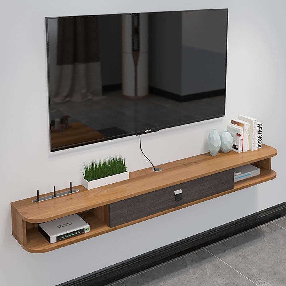 Mobiletto mobile per TV mobile Console multimediale fissata al muro, supporto per TV galleggiante in legno massello Unità di intrattenimento per montaggio a parete salvaspazio per soggiorno, camera da