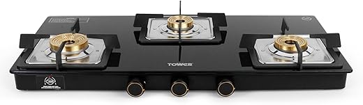 Tower Premium 3-Burner Gas Stove | 8mm Toughened Glass Top |Brass Gas Valves | LPG Compatible | Supports Heavy-Duty Pan | Ergonomic Metal Knobs | 5…
