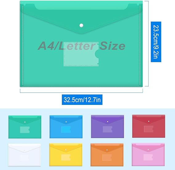 A4 Plastic Wallets – 8 Pack Document Folders, 8 Bright Colors, Waterproof File Sleeves for Paperwork, School, Office, Home & Travel Organization